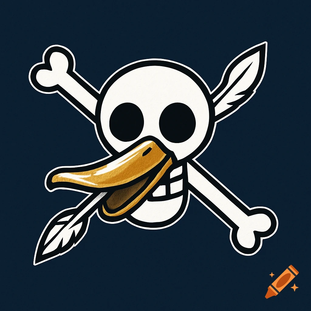 A stylized cartoon Jolly Roger logo featuring a white skull and crossbones, with a golden duck beak where the skull's mouth would be, on a dark blue background.
