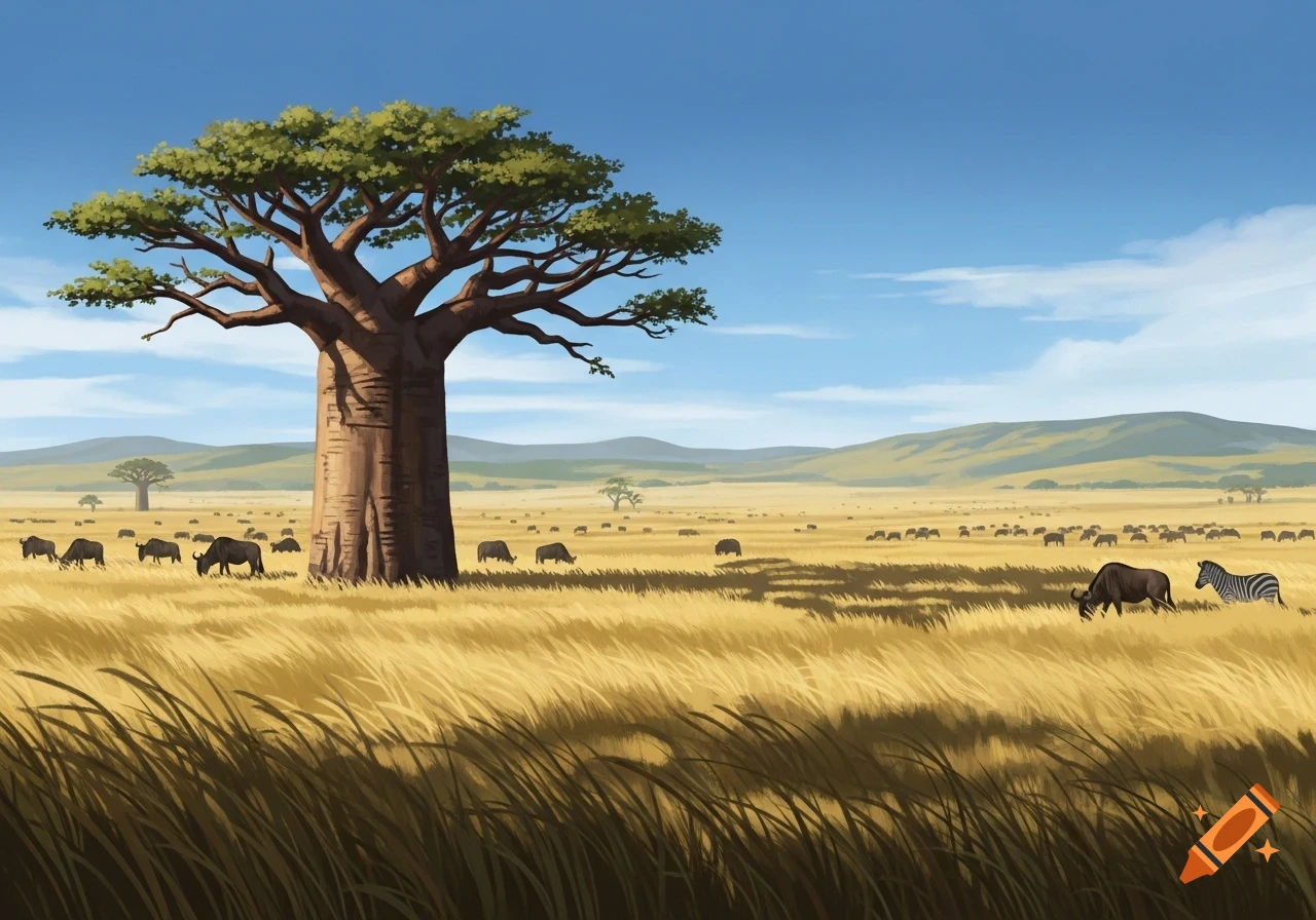Illustrative savanna landscape with a large baobab tree, grazing wildebeest, and a zebra in golden grass under a blue sky.