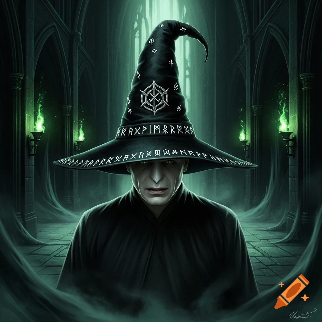 A bald man with green eyes, resembling Voldemort, wears a large, pointed dark wizard hat adorned with runic symbols, standing in a dim, gothic hall with green torches.