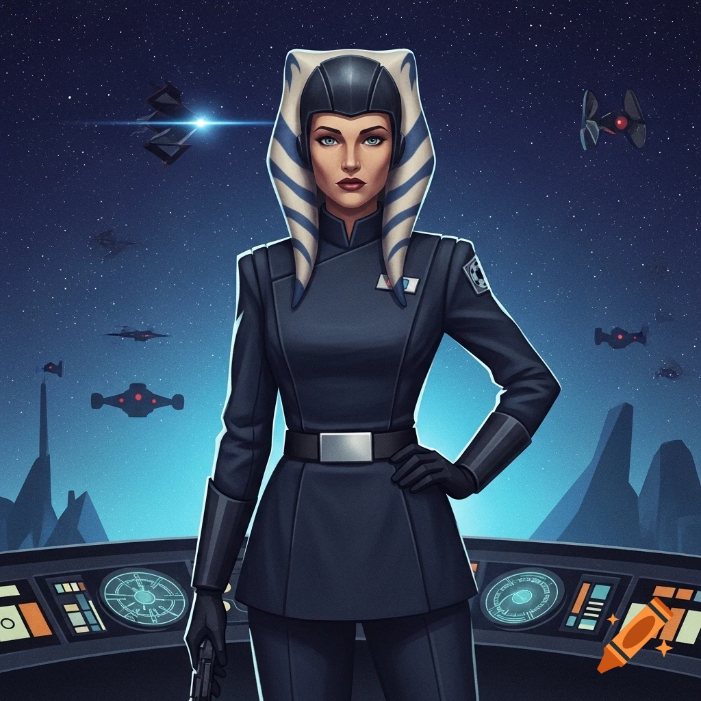 Illustrated portrait of a Togruta woman in a dark Imperial uniform in a spaceship cockpit with a starry background.