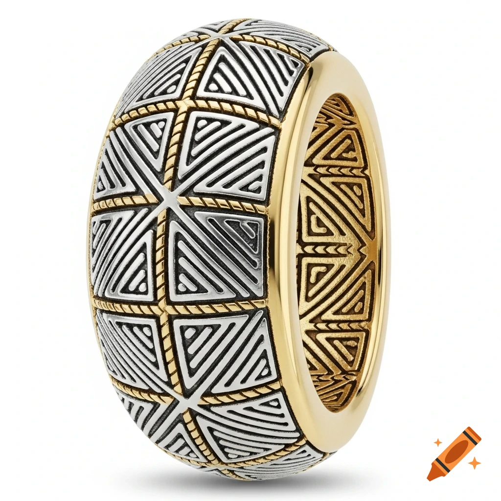 Photorealistic close-up of a wide ring with an intricate geometric pattern in gold and silver tones.