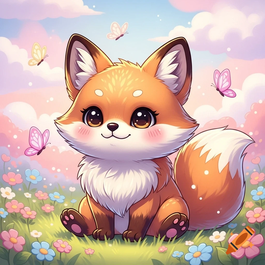 Cute Kawaii animated fox sits in a colorful flower field with butterflies under a pastel sky.