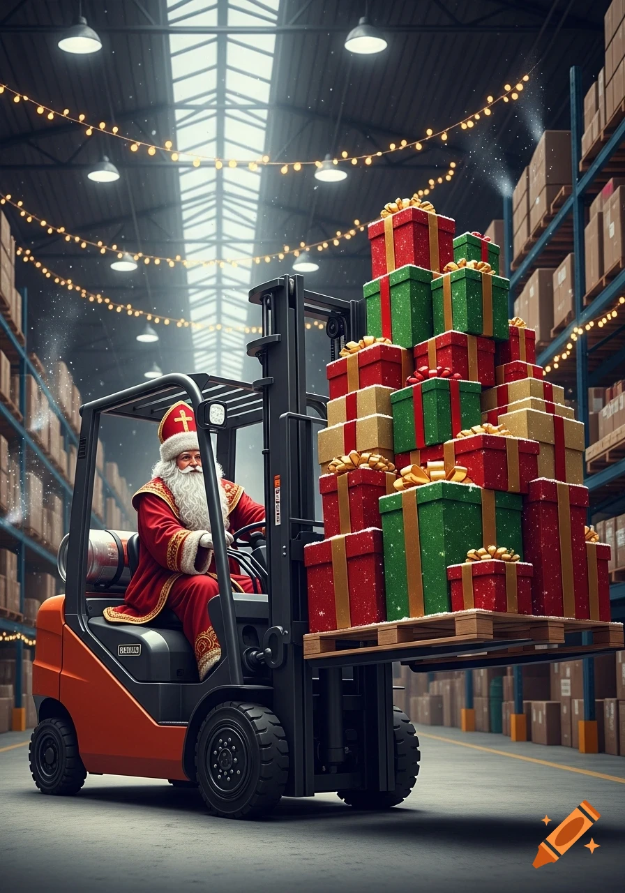 Santa Claus in a red suit and hat drives an orange forklift, carrying a tall stack of wrapped Christmas gifts in a warehouse setting decorated with string lights.