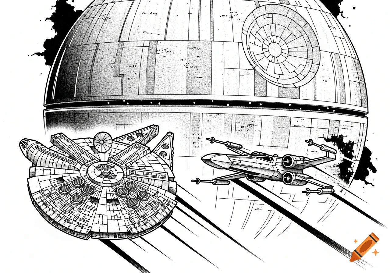 Black ink tattoo design of the Millennium Falcon and an X-Wing against the Death Star from Star Wars.