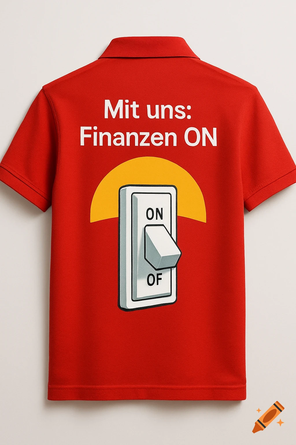 A red polo shirt seen from the back, featuring white text that reads "Mit uns: Finanzen ON" above a graphic of a light switch in the 'ON' position, set against a yellow semicircle.