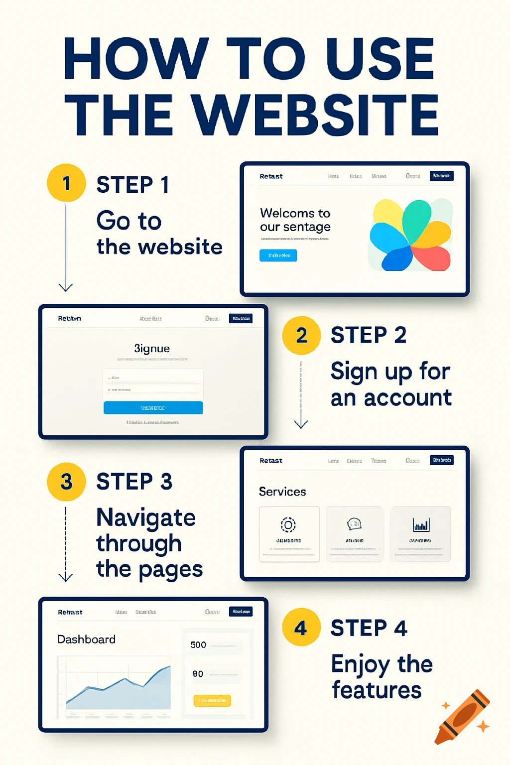 A step-by-step guide with the title 'HOW TO USE THE WEBSITE', showing four numbered steps with instructions and accompanying screenshots of a web application interface.