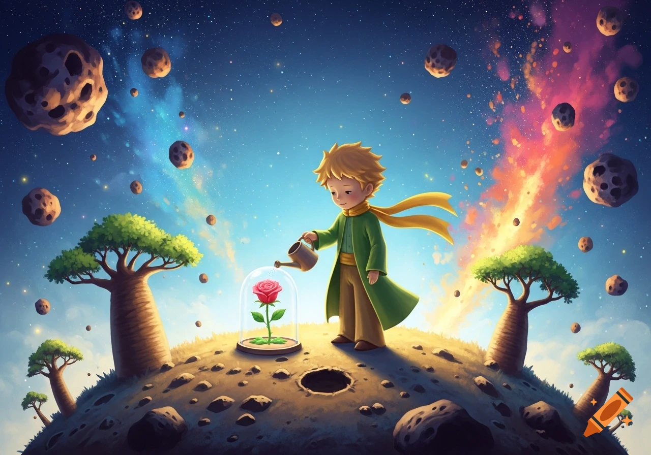 Whimsical illustration of the Little Prince watering his rose on a small planet amid colorful space and asteroids.