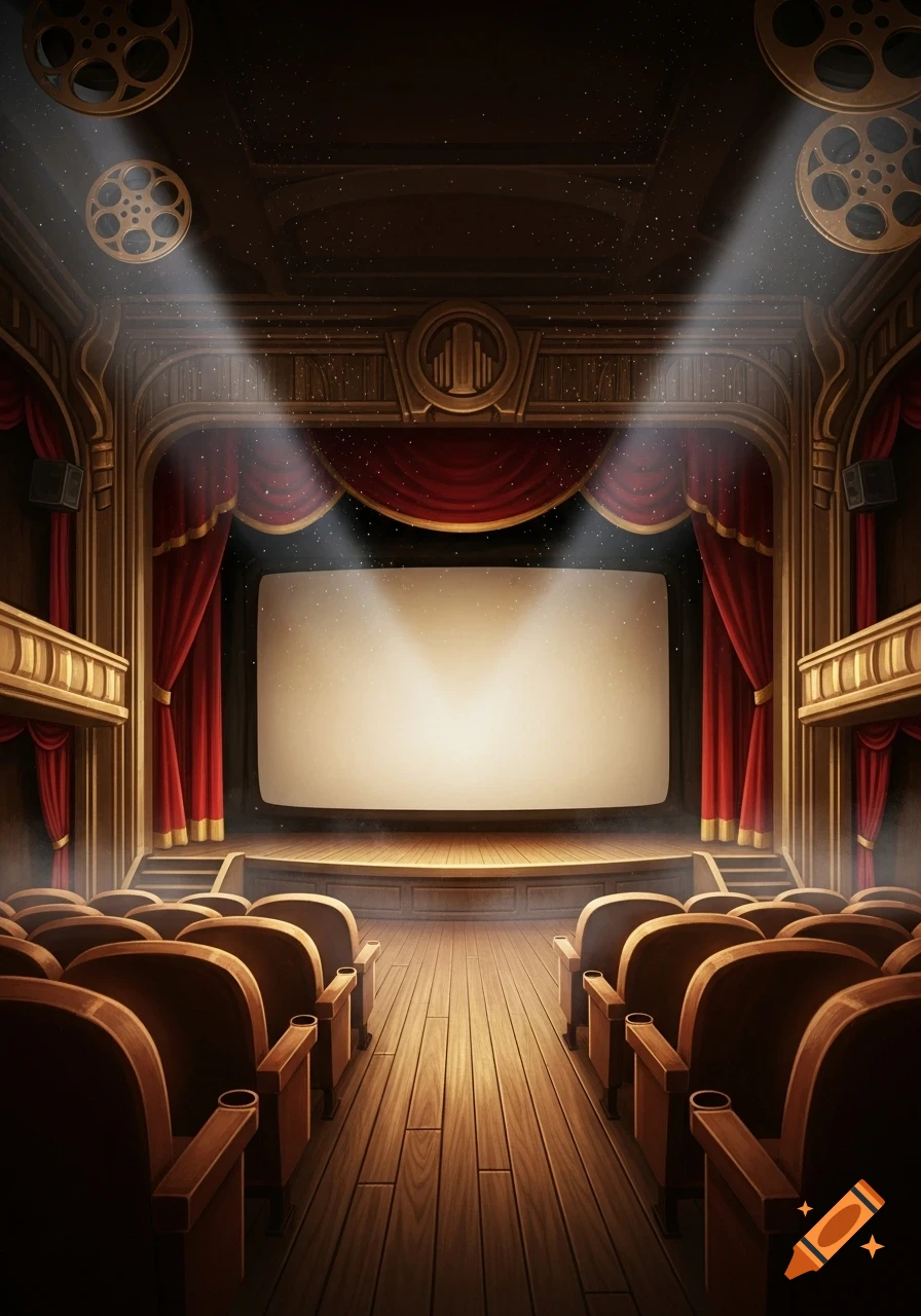 Illustration of an empty, classic movie theater with red curtains, wooden seats, a stage, and a blank screen under spotlights.