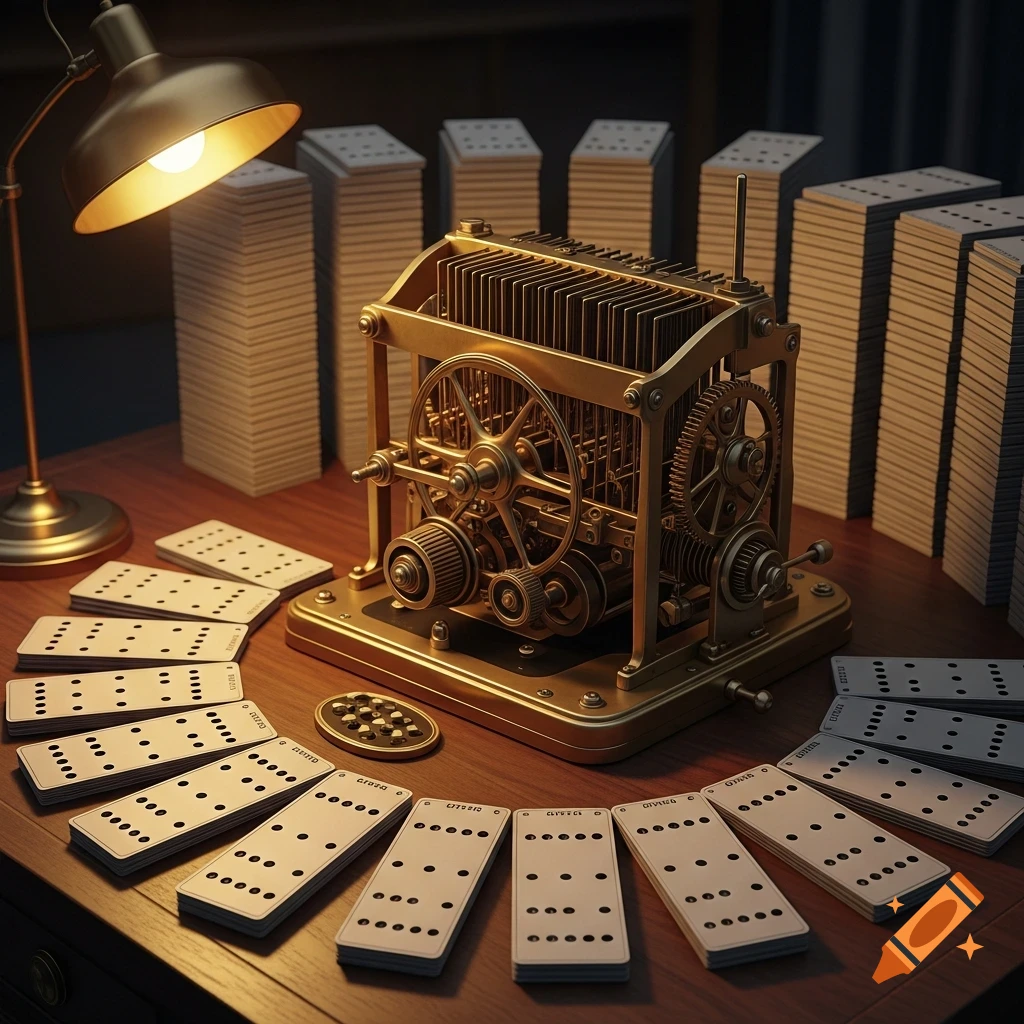A vintage brass-colored computing machine with gears, surrounded by punch cards and illuminated by a desk lamp on a wooden desk.