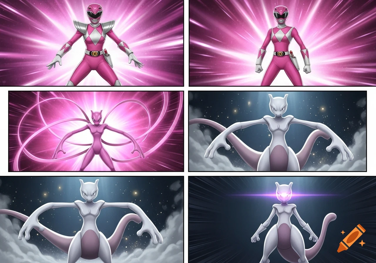 Multi-panel comic showing a Pink Power Ranger transforming into Pokemon Mewtwo with energy effects.
