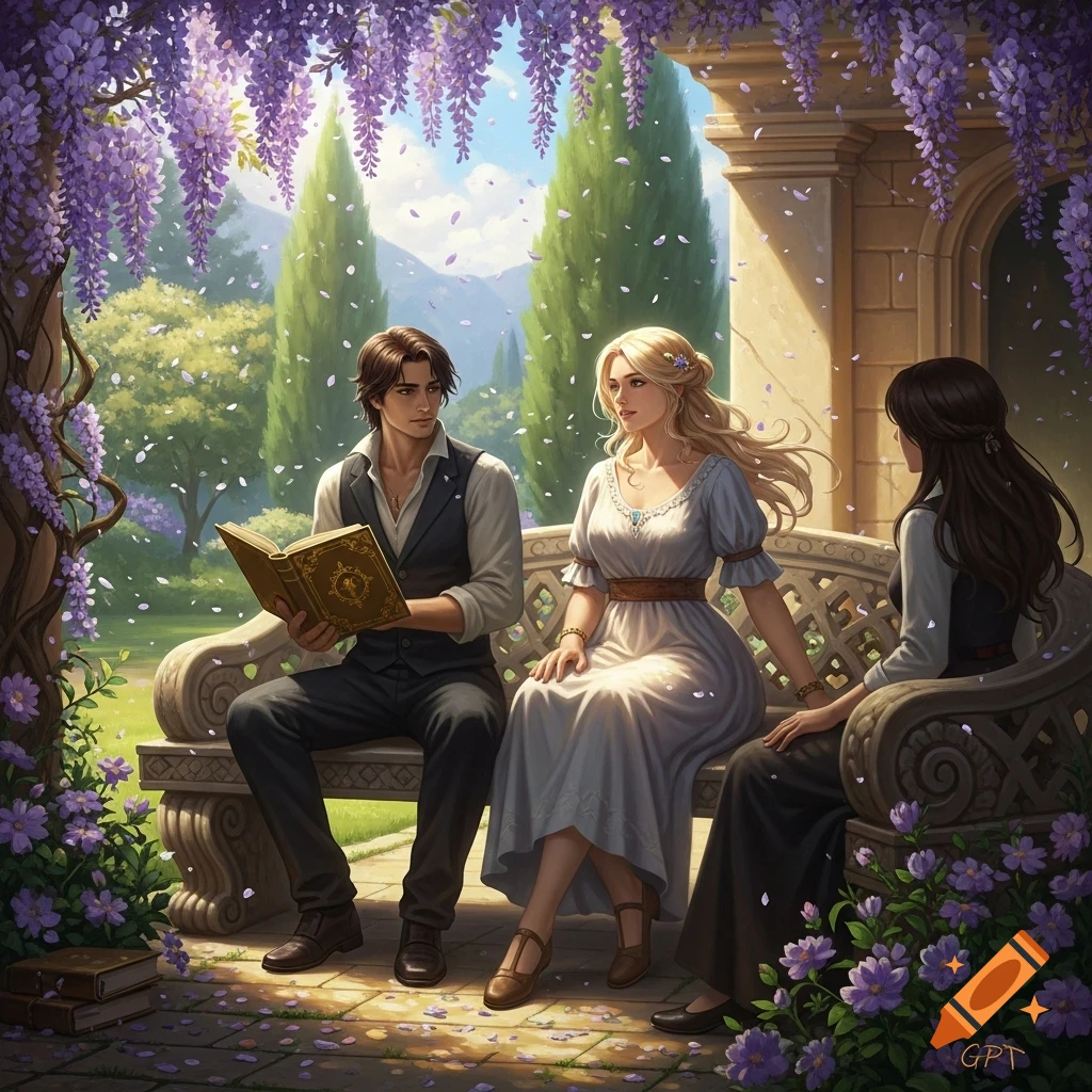 Three people on a stone bench under blooming wisteria in a garden, in an oil painting style. A man reads a book while two women listen.