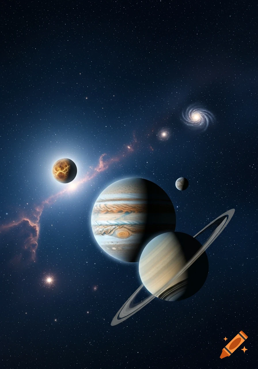 Jupiter and Saturn with rings, a glowing terrestrial planet, and a moon in deep space with a nebula and galaxy.