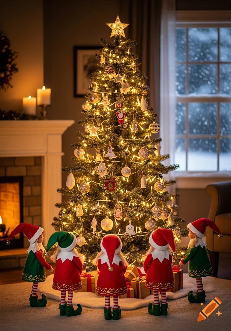 Five elf dolls in red and green outfits stand around a brightly lit Christmas tree in a cozy room with a snowy window, filled with festive decorations.