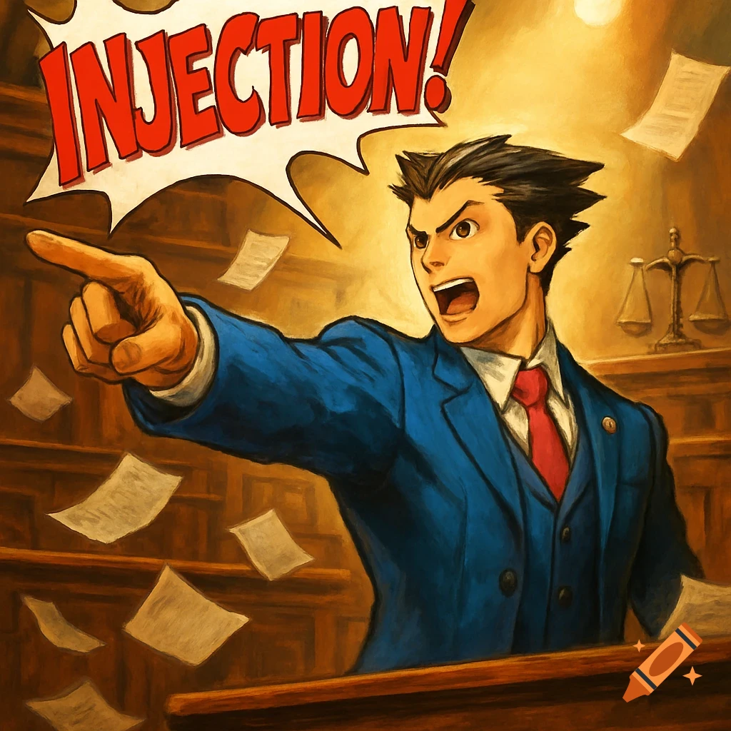 Phoenix Wright shouts 'INJECTION!' while pointing in a courtroom, stylized as an anime illustration.