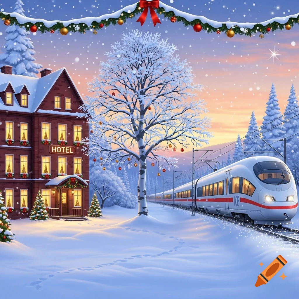 A magical Christmas illustration of a snowy hotel and a white high-speed train passing through a winter landscape.