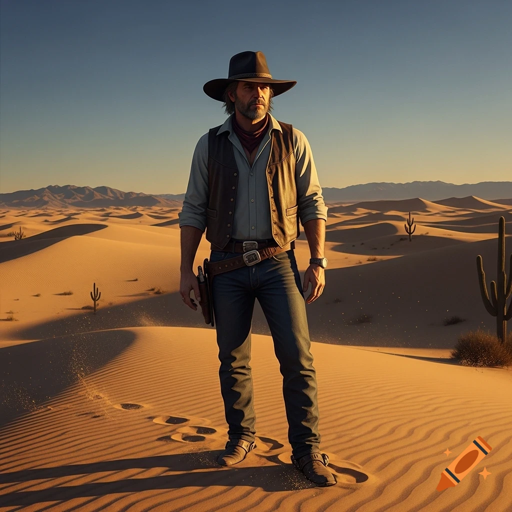 A rugged man in cowboy attire, wearing a hat and vest, stands on a sandy dune in a vast desert landscape with cacti and mountains under a clear sky.