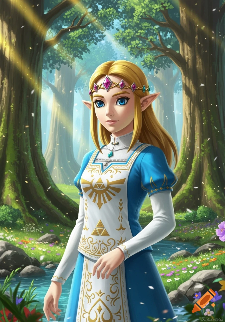 Princess Zelda stands in an enchanted sunlit forest next to a stream, depicted in an anime art style.