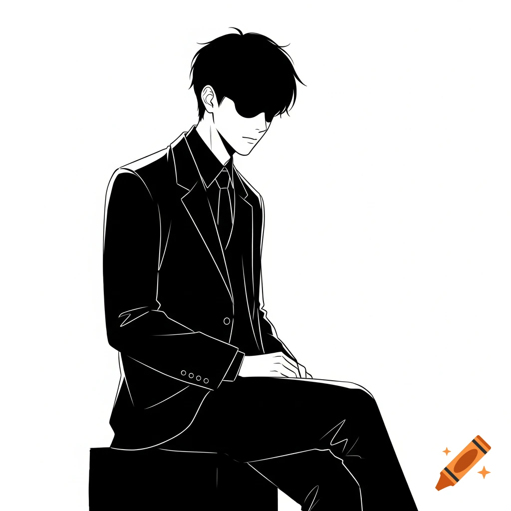 Black and white anime illustration of a man in a suit sitting, with his eyes obscured by a shadow.