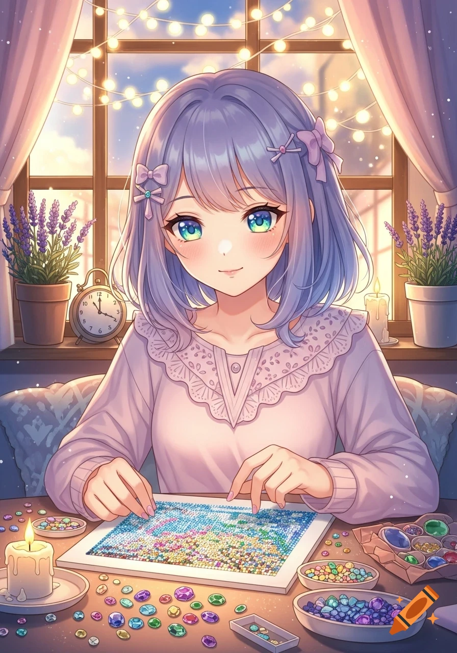 Cute anime girl with purple hair doing diamond painting in a cozy room with string lights and lavender plants.