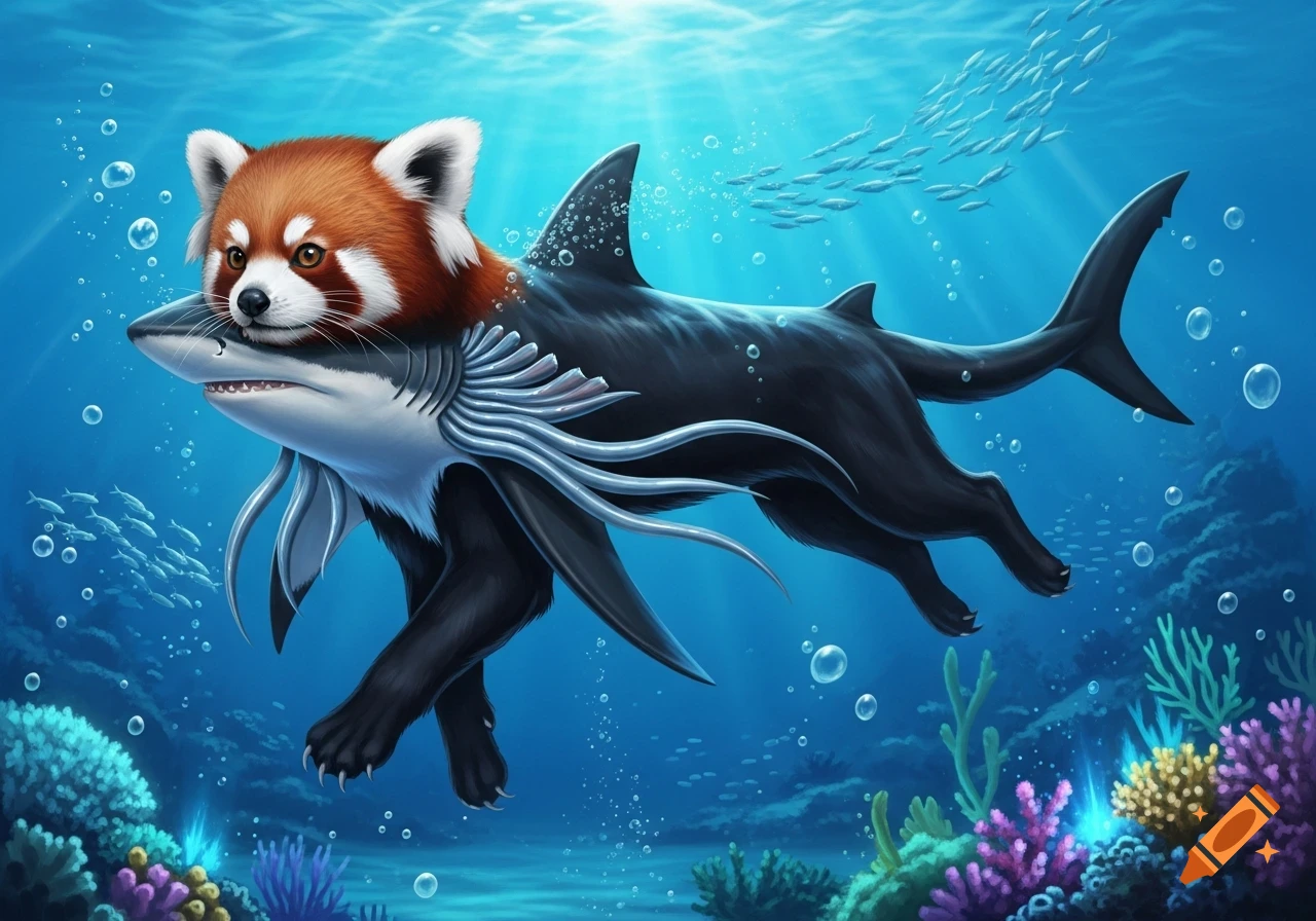 A fantasy red panda-cat-shark hybrid swims underwater amidst colorful coral and small fish.