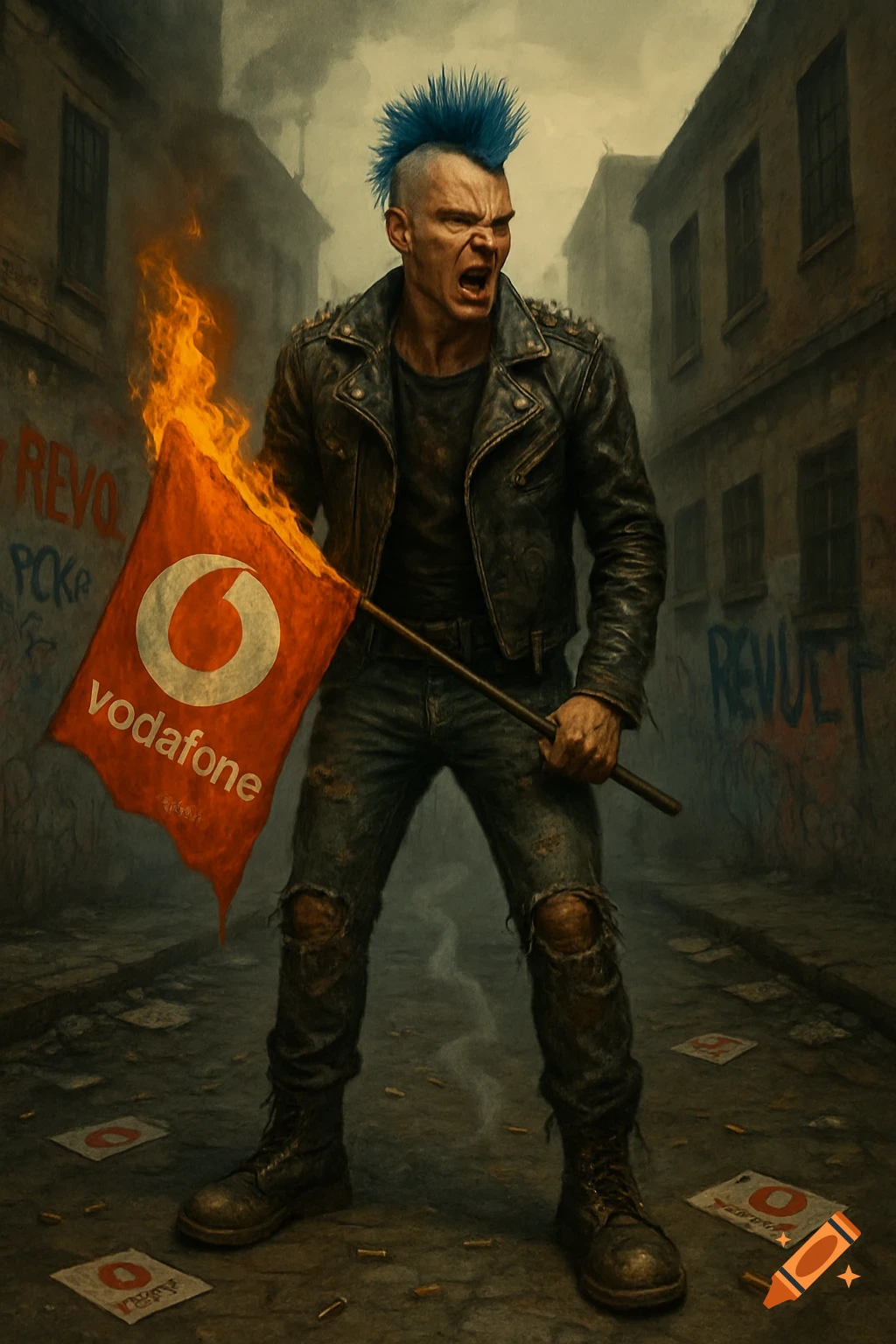 An angry German punk man with a blue mohawk burns a Vodafone flag in a dirty, graffiti-covered urban street scene.