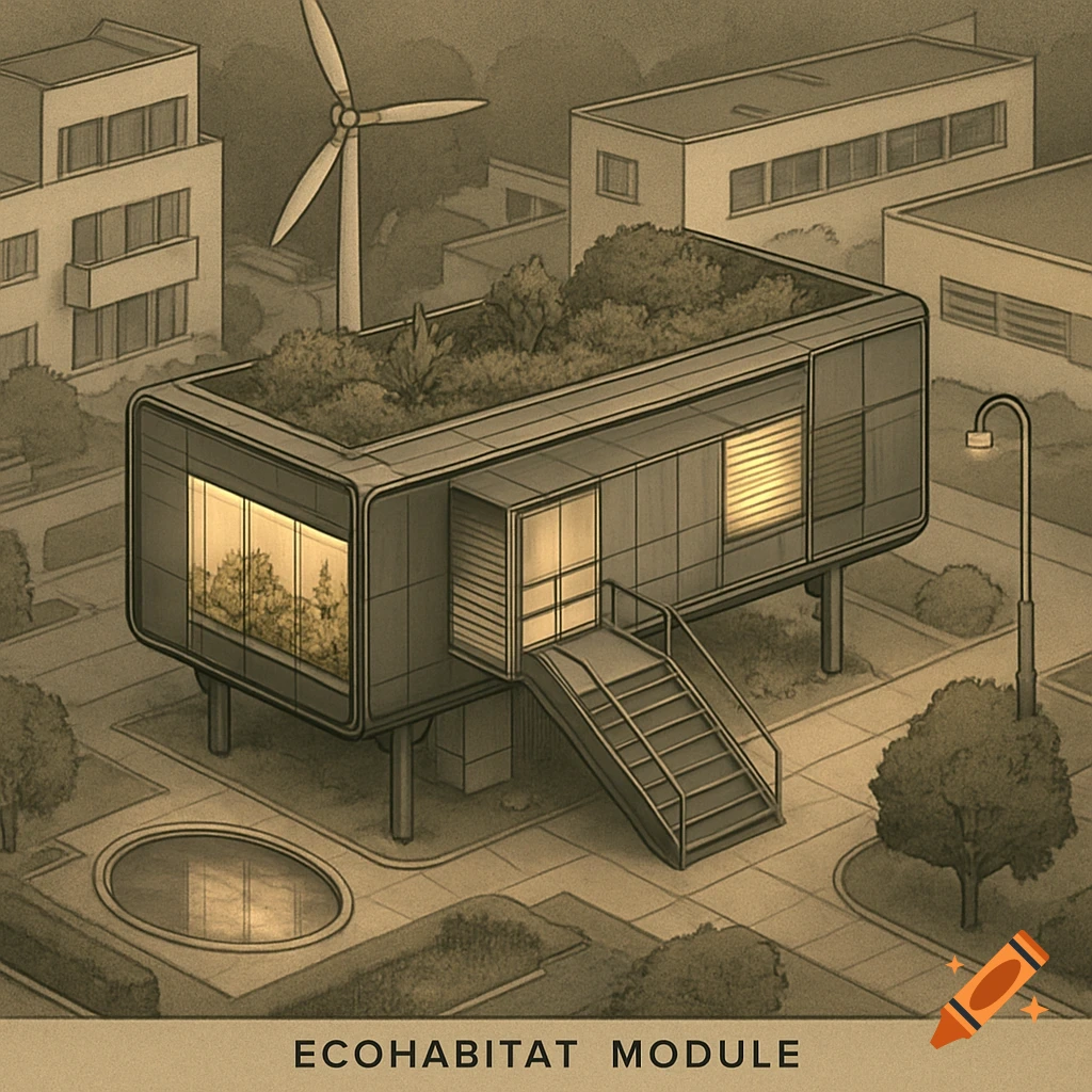 An isometric illustration of a modular ecohabitat building with a green roof and stairs, set in a sepia-toned urban landscape with a wind turbine.
