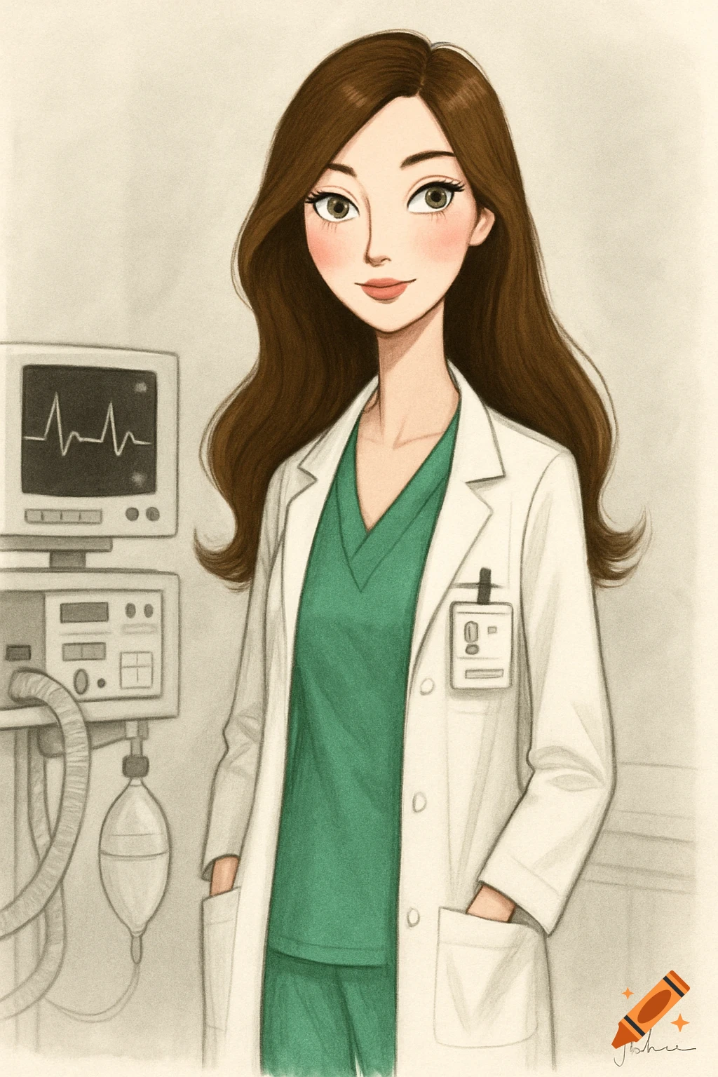 A sweet-faced cartoon doctor with long brown hair, wearing a green scrub and white lab coat with an ID badge, stands next to medical equipment in a light grey room.