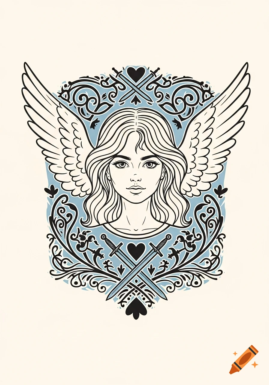 Minimalist linocut-style illustration of an angel girl with wavy hair and wings, framed by medieval floral ornaments, swords, and hearts.