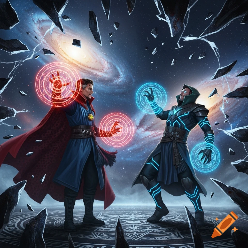 Doctor Strange and an armored magic-user battle with red and blue energy amidst a galaxy, floating debris, and a cosmic patterned floor.