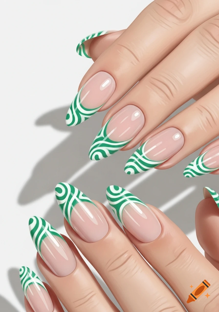 Close-up of two hands with long stiletto nails featuring green and white peppermint swirl French tips against a white background.