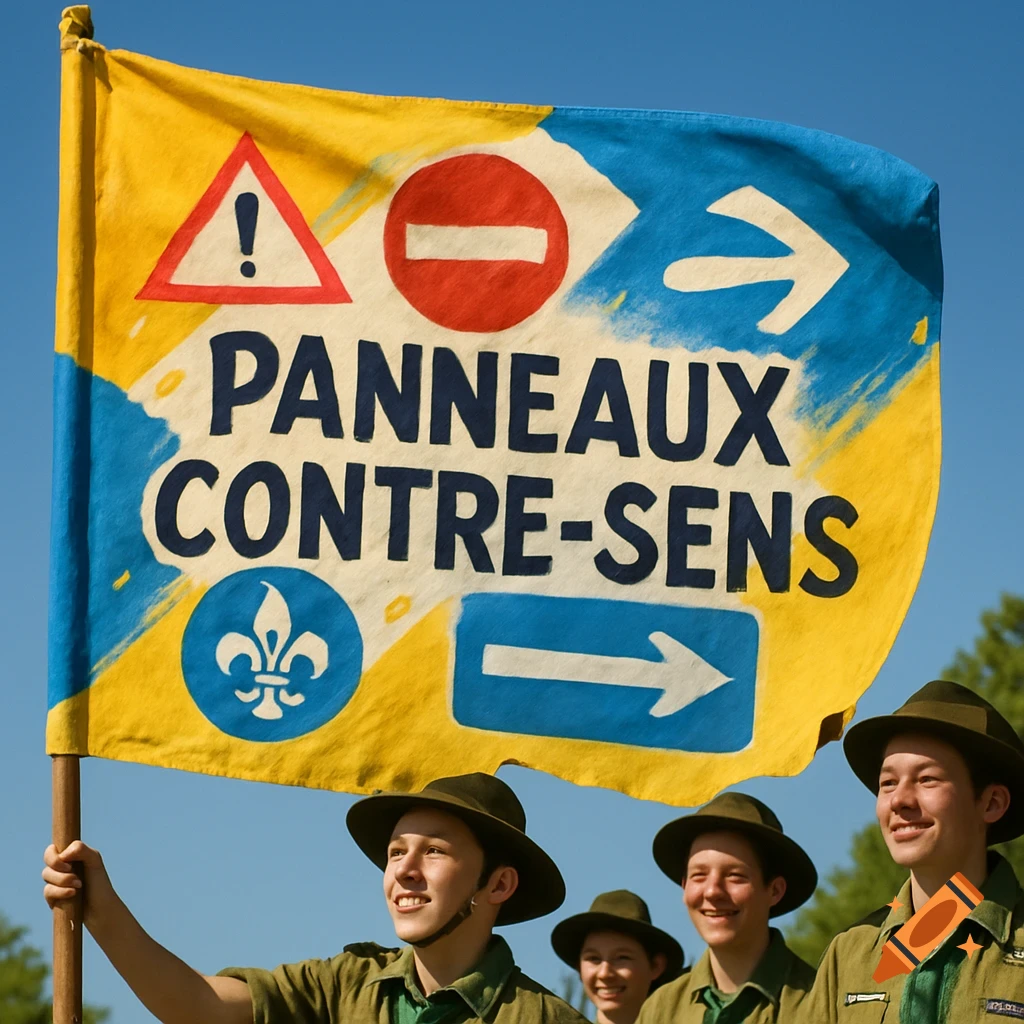 Smiling scouts in green uniforms and hats hold up a yellow and blue flag that reads "PANNEAUX CONTRE-SENS" with traffic symbols against a clear blue sky.