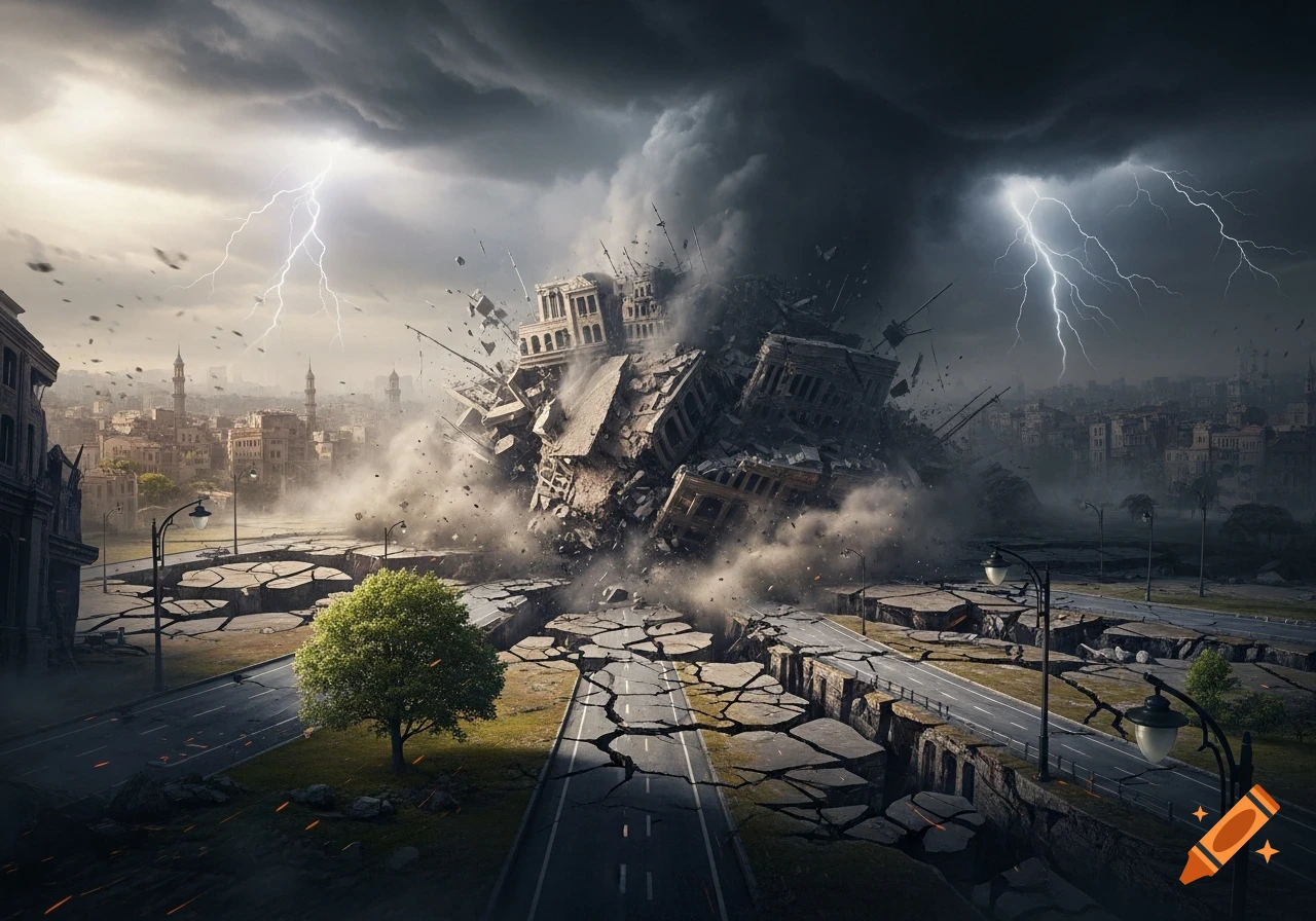 Photorealistic image of a city devastated by a massive earthquake, with crumbling buildings, cracked roads, and lightning in a stormy sky.