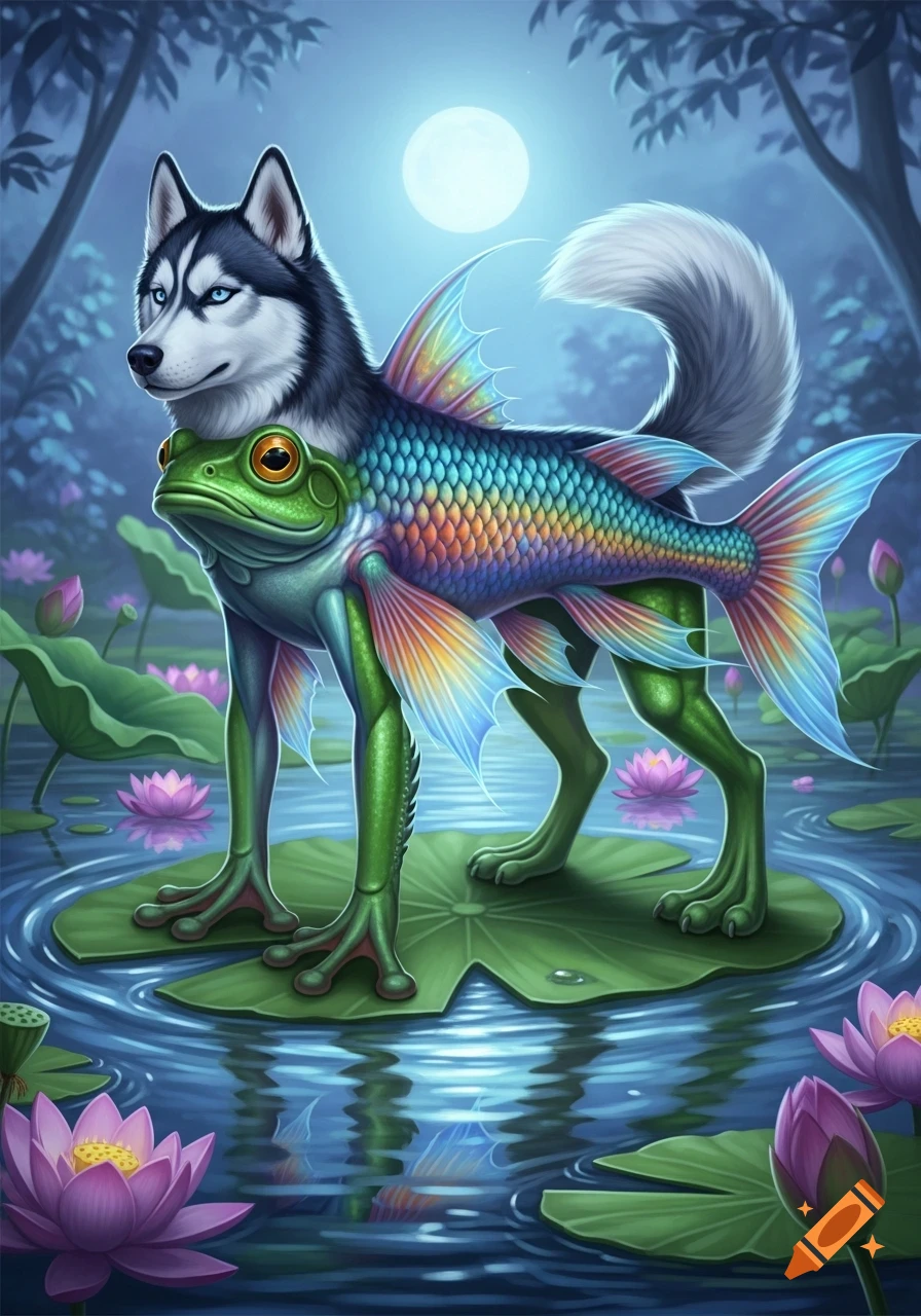 A fantasy creature with a husky head, a rainbow-scaled fish body, and green frog legs stands on a lily pad in a moonlit pond with lotus flowers.