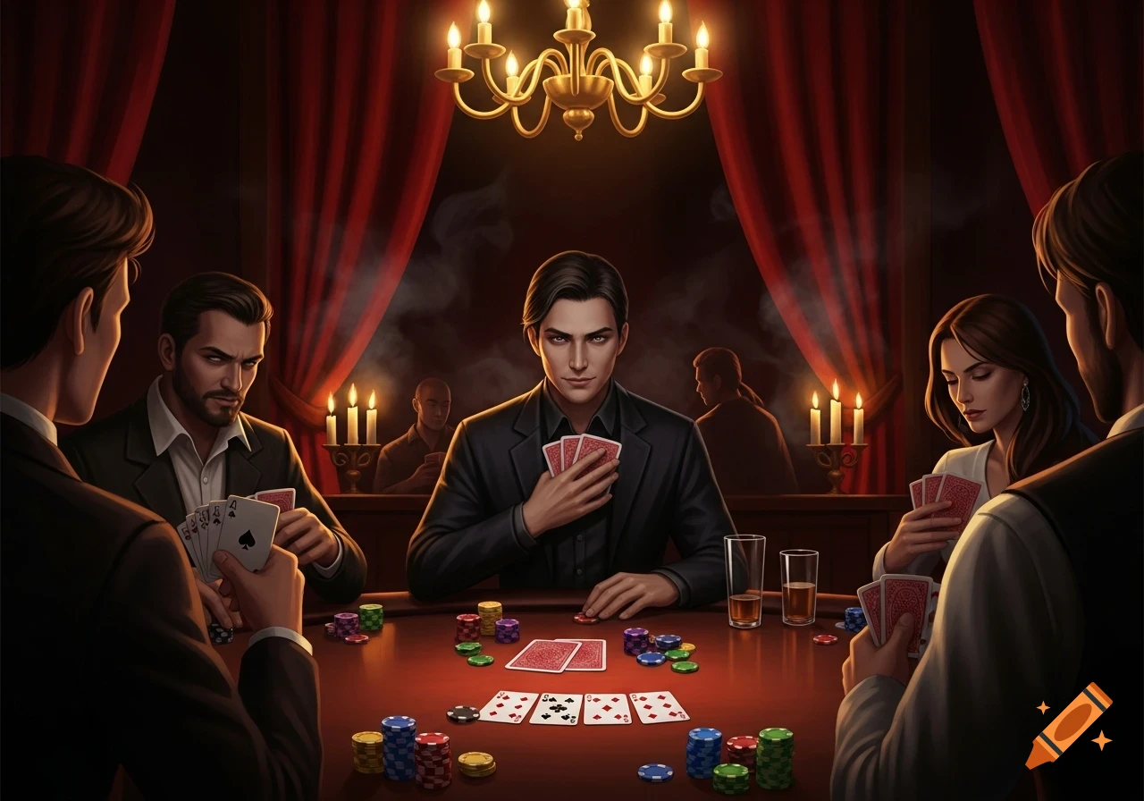 An illustration of a group of people playing poker at a table, with chips and cards, under a chandelier in a dimly lit, luxurious room.