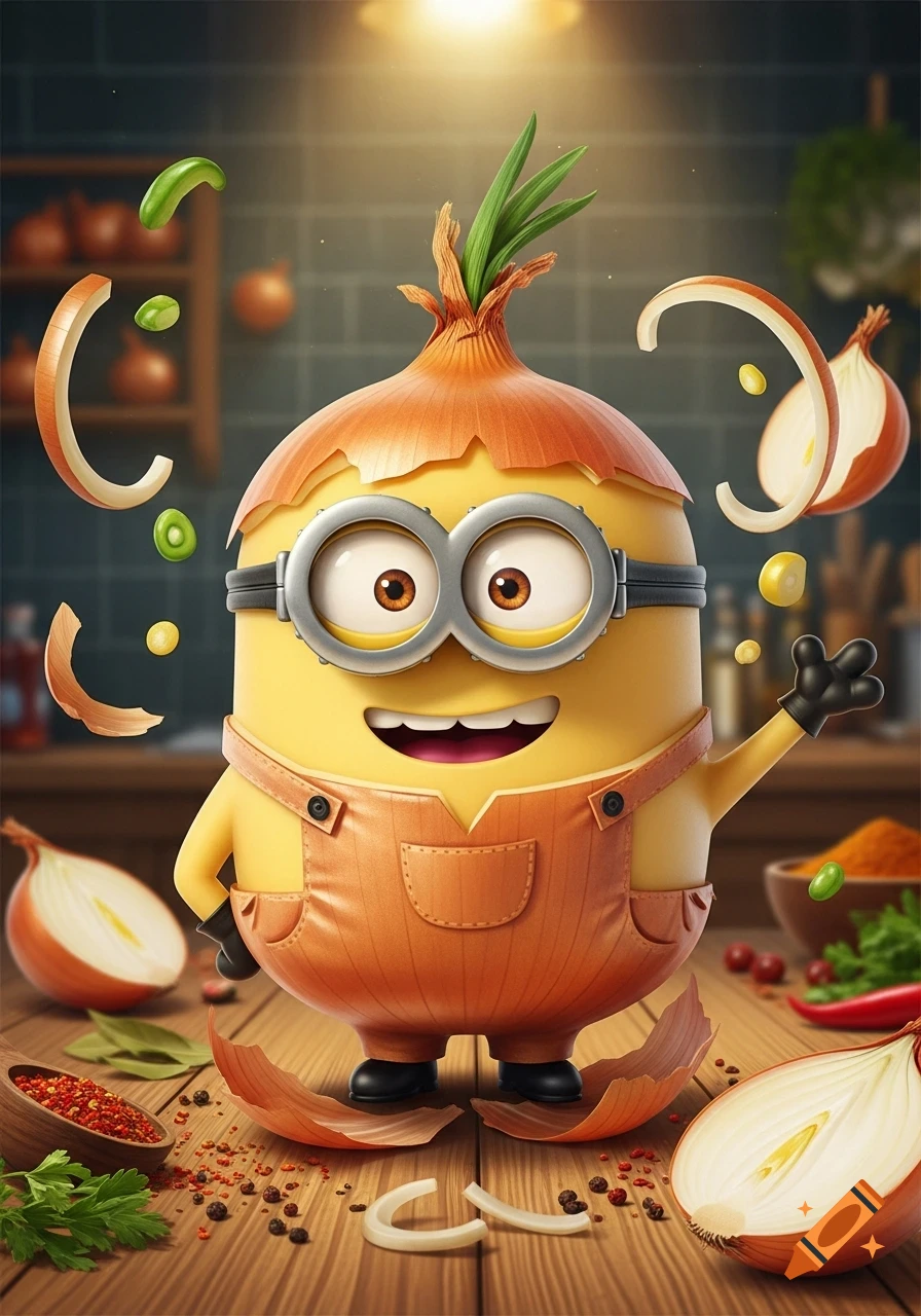 A cheerful yellow Minion character dressed as an onion with green sprouts, standing in a kitchen amidst onion peels and spices.