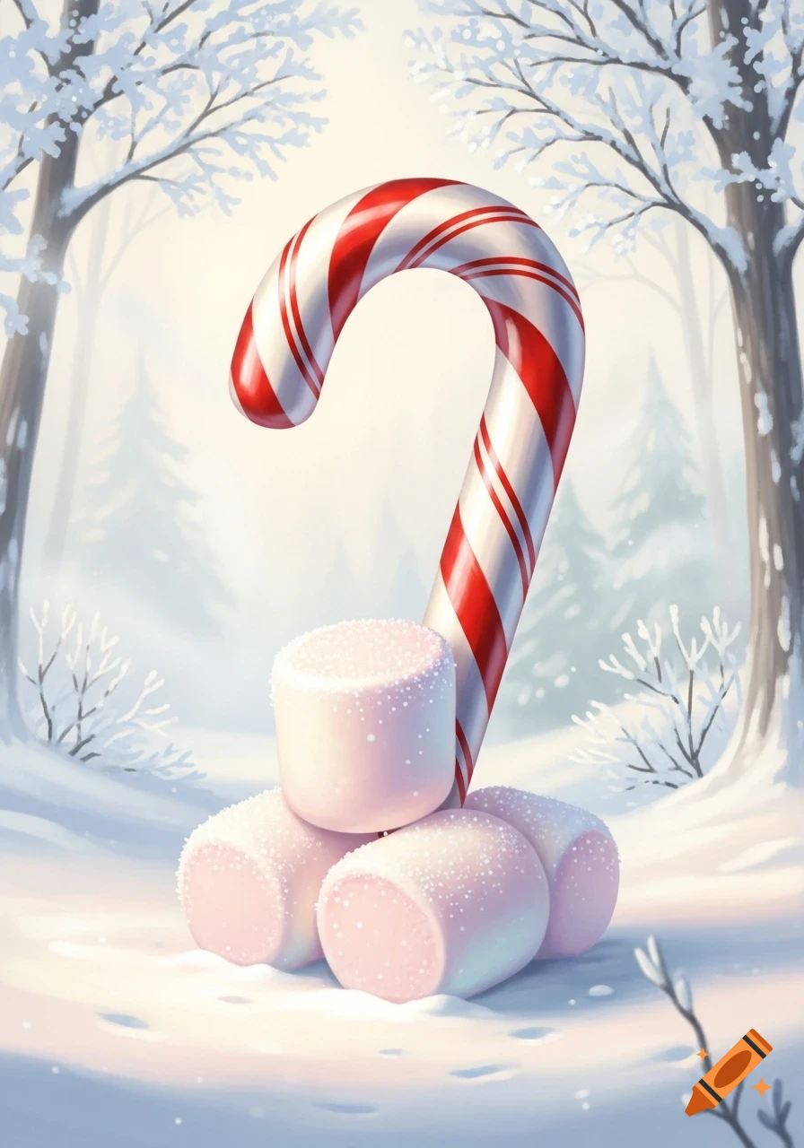 A red and white striped candy cane stands amongst sugared marshmallows in a snowy winter forest.