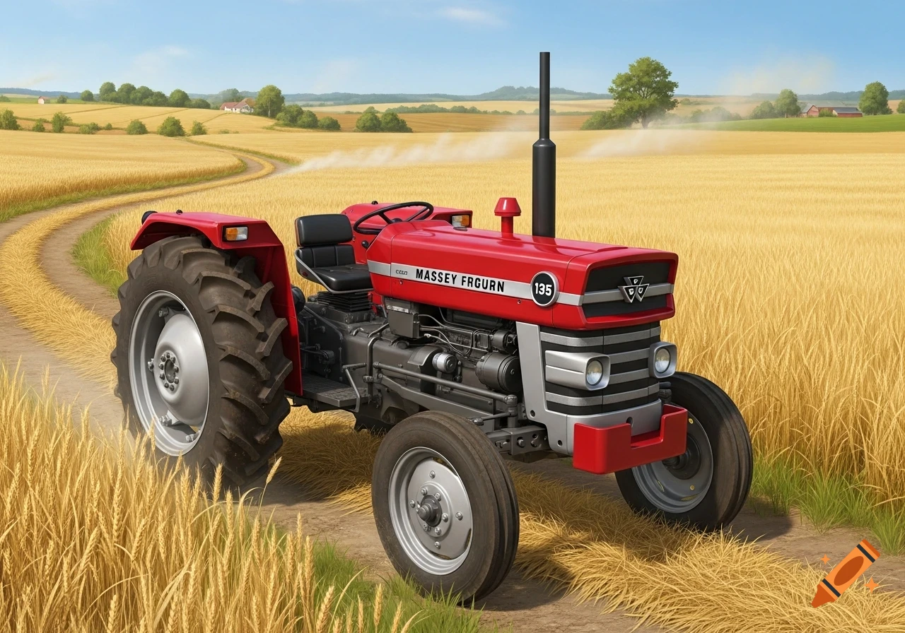 A red vintage tractor, labeled "MASSEY FRGRUN 135", sits on a dirt path in a golden wheat field. Photorealistic.