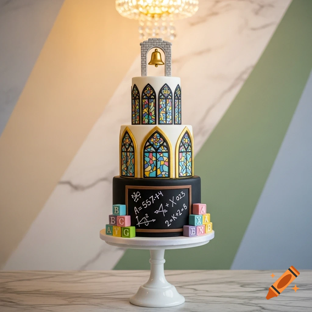 A three-tier cake decorated with stained glass windows, a bell tower, a chalkboard with math, and alphabet blocks on a white cake stand.