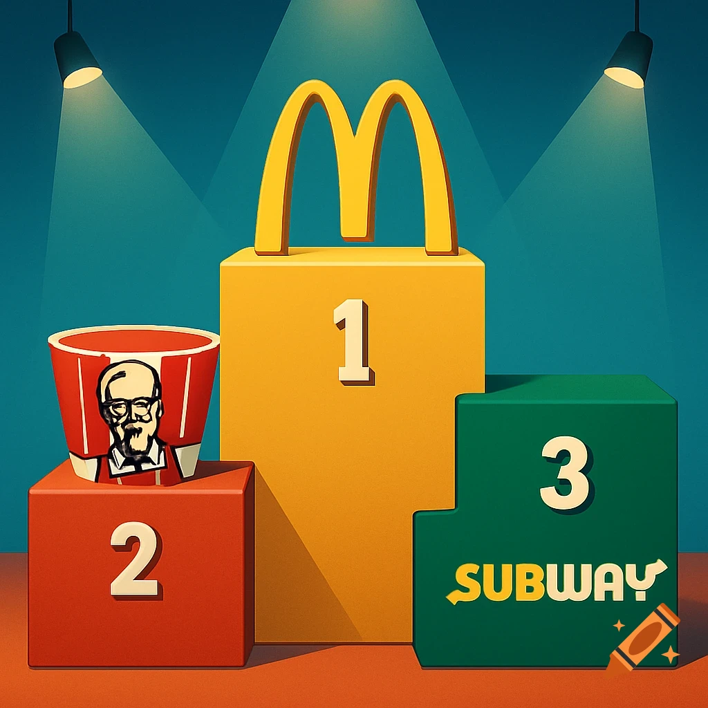 A colorful illustration of a competition podium with McDonald's 'M' logo on the first place block, a KFC bucket on the second, and the Subway logo on the third.