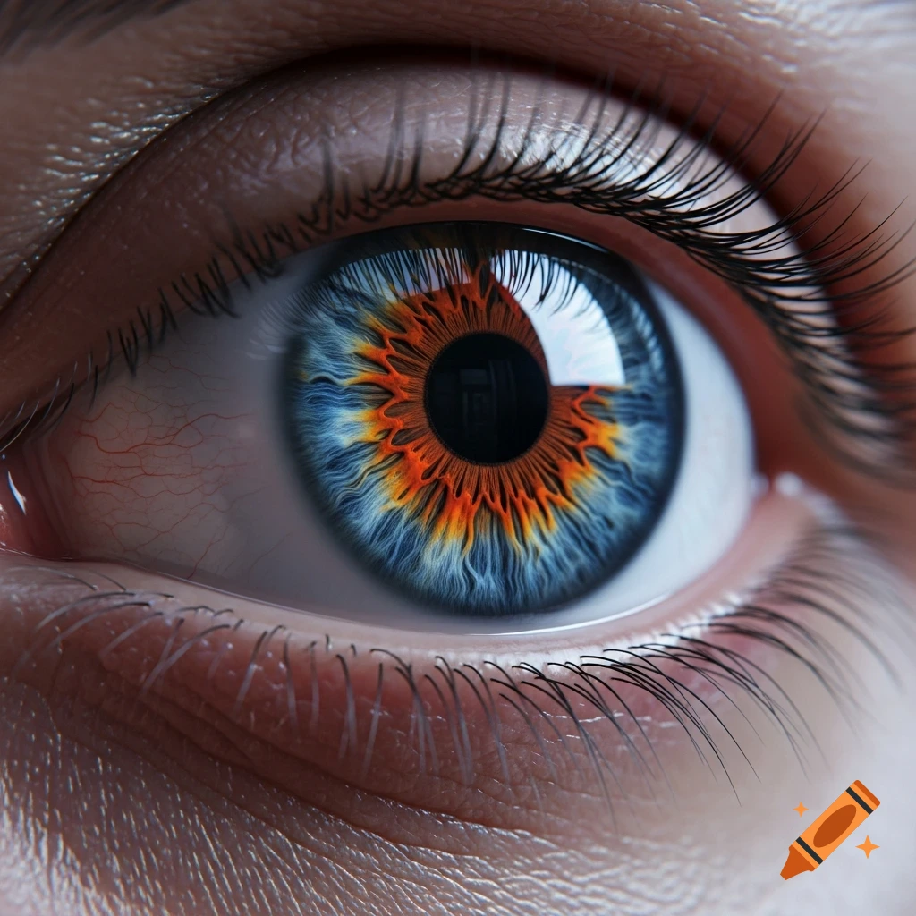 Close-up of a human eye with a vibrant blue and fiery orange iris radiating from a black pupil, reflecting light.