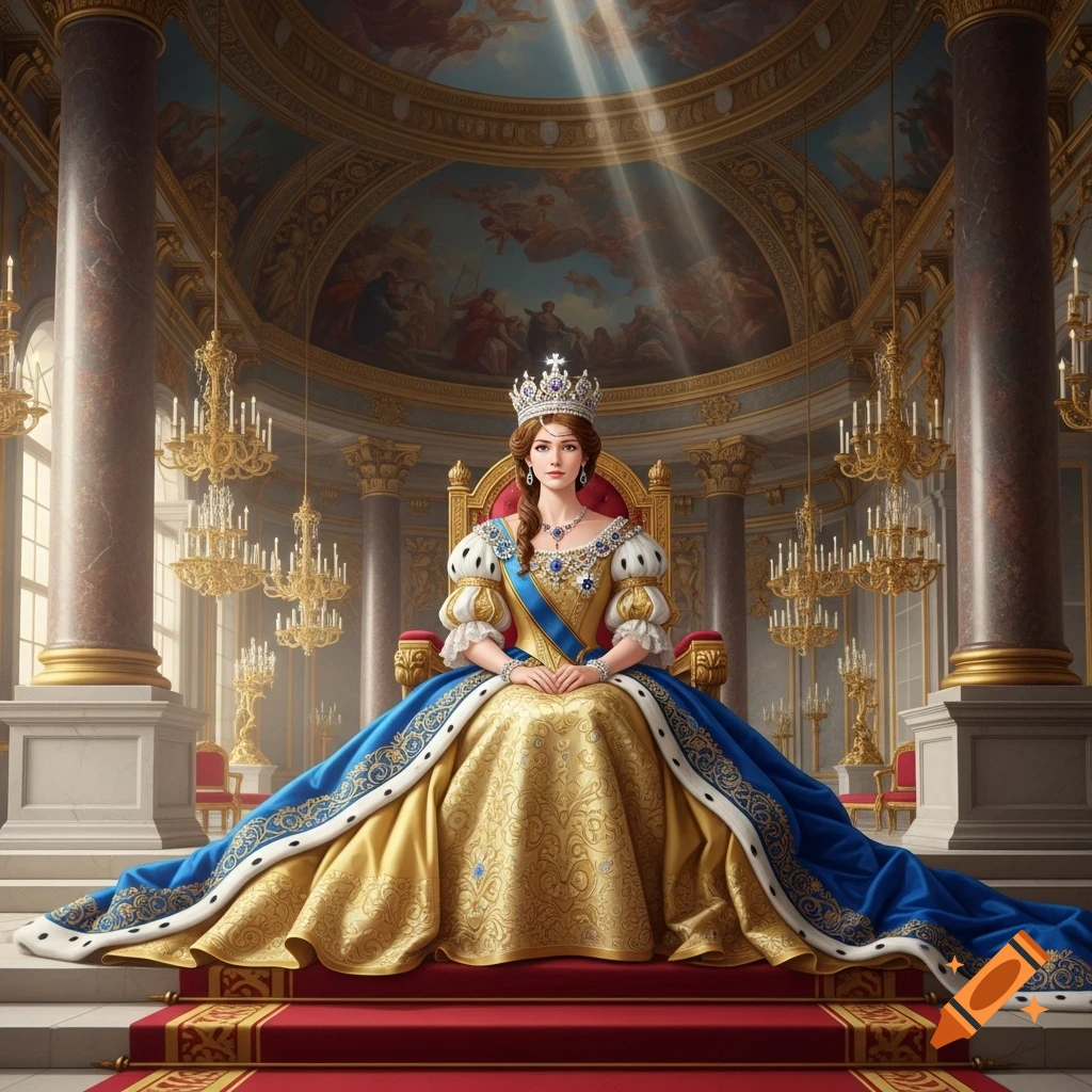 A queen in a gold and blue coronation dress and crown sits on a throne in a grand palace hall with chandeliers and a painted ceiling.