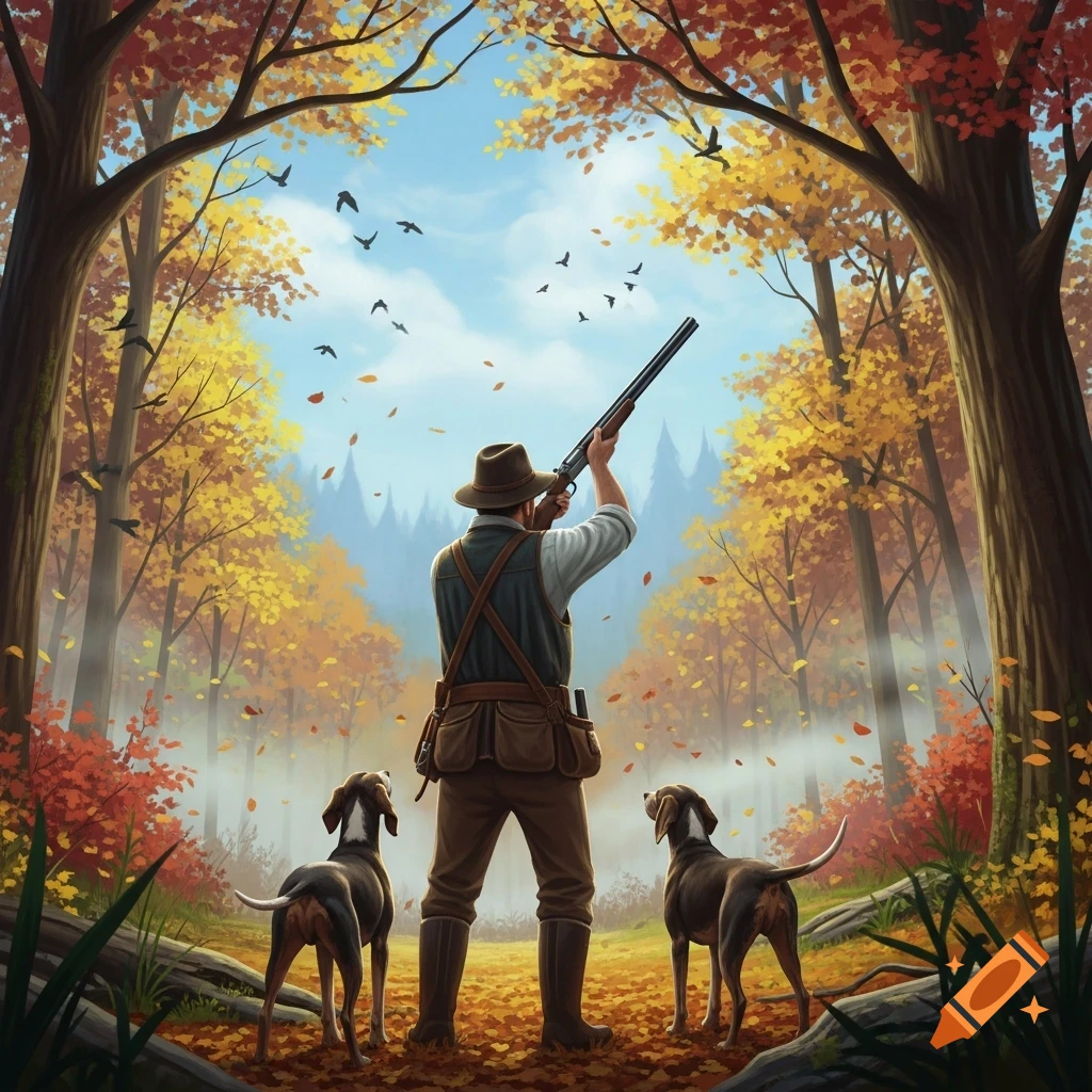 An illustrated back view of a man aiming a rifle at birds flying over an autumn forest, with two dogs by his side.