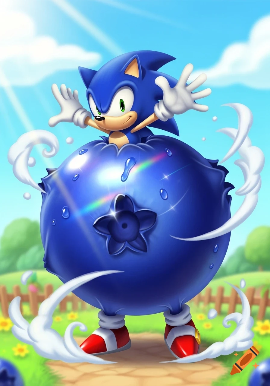 Sonic the Hedgehog, with his head, arms, and feet sticking out of a massive, shiny blue blueberry, stands on a sunny outdoor path.