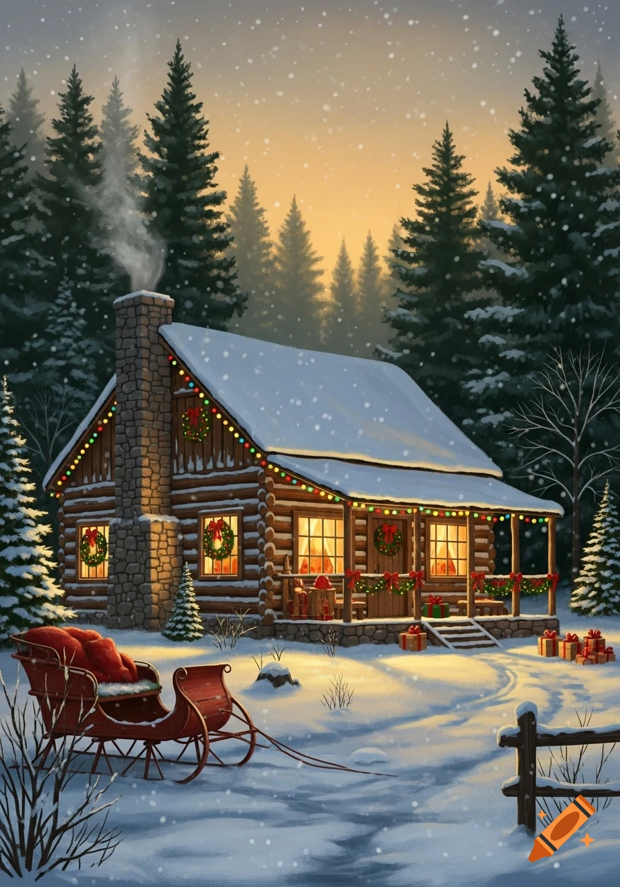 A cozy log cabin in a snowy forest, decorated with Christmas lights and wreaths, with a sleigh and presents outside, at dawn.