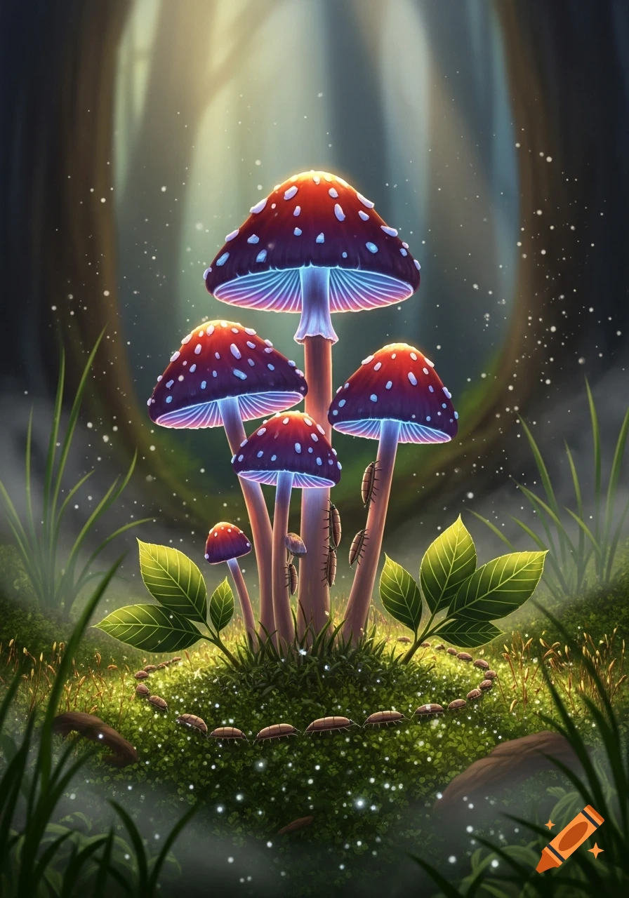 Vibrant, glowing red and purple mushrooms stand on a dark, misty forest floor, surrounded by small green plants and insects.