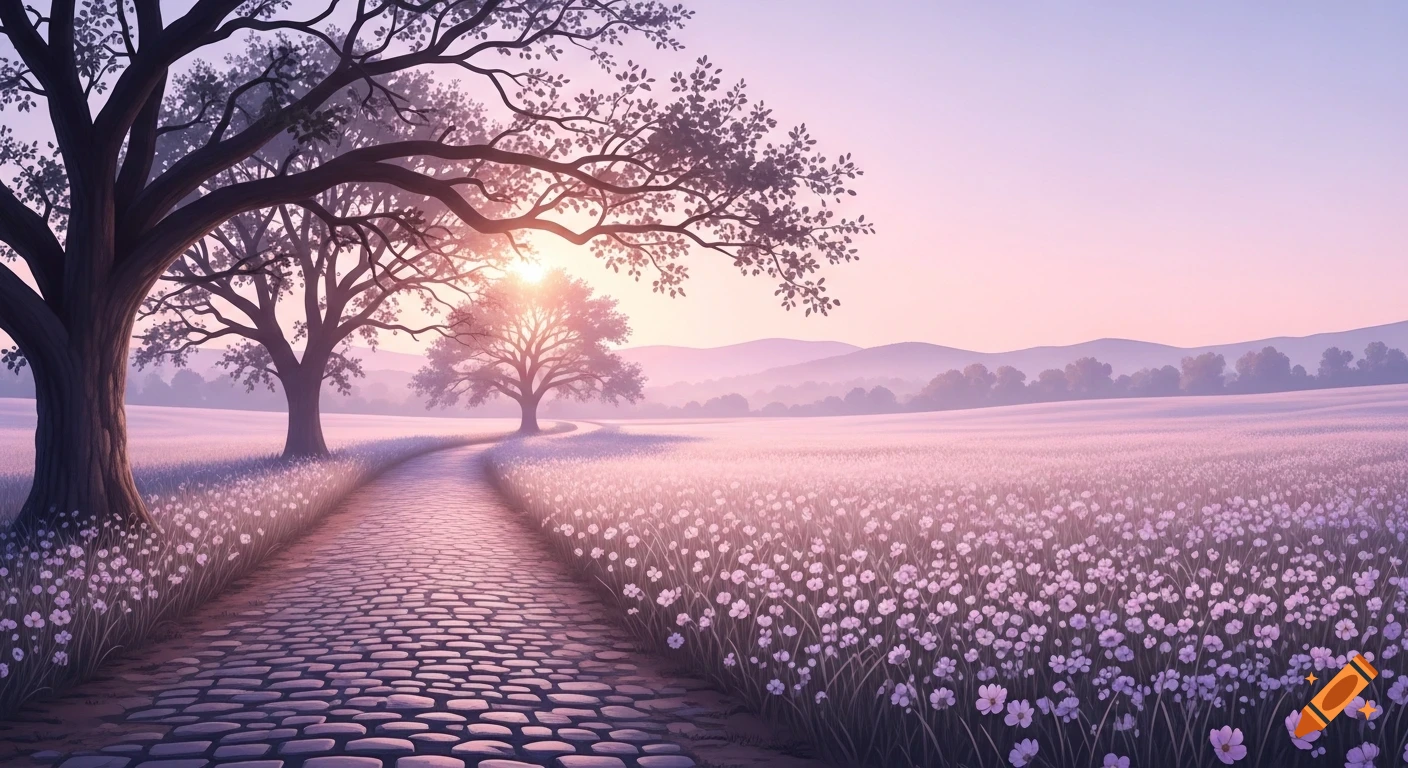 A cobblestone path winding through a field of small white and purple flowers under a pastel pink and purple sunset sky, flanked by silhouetted trees.