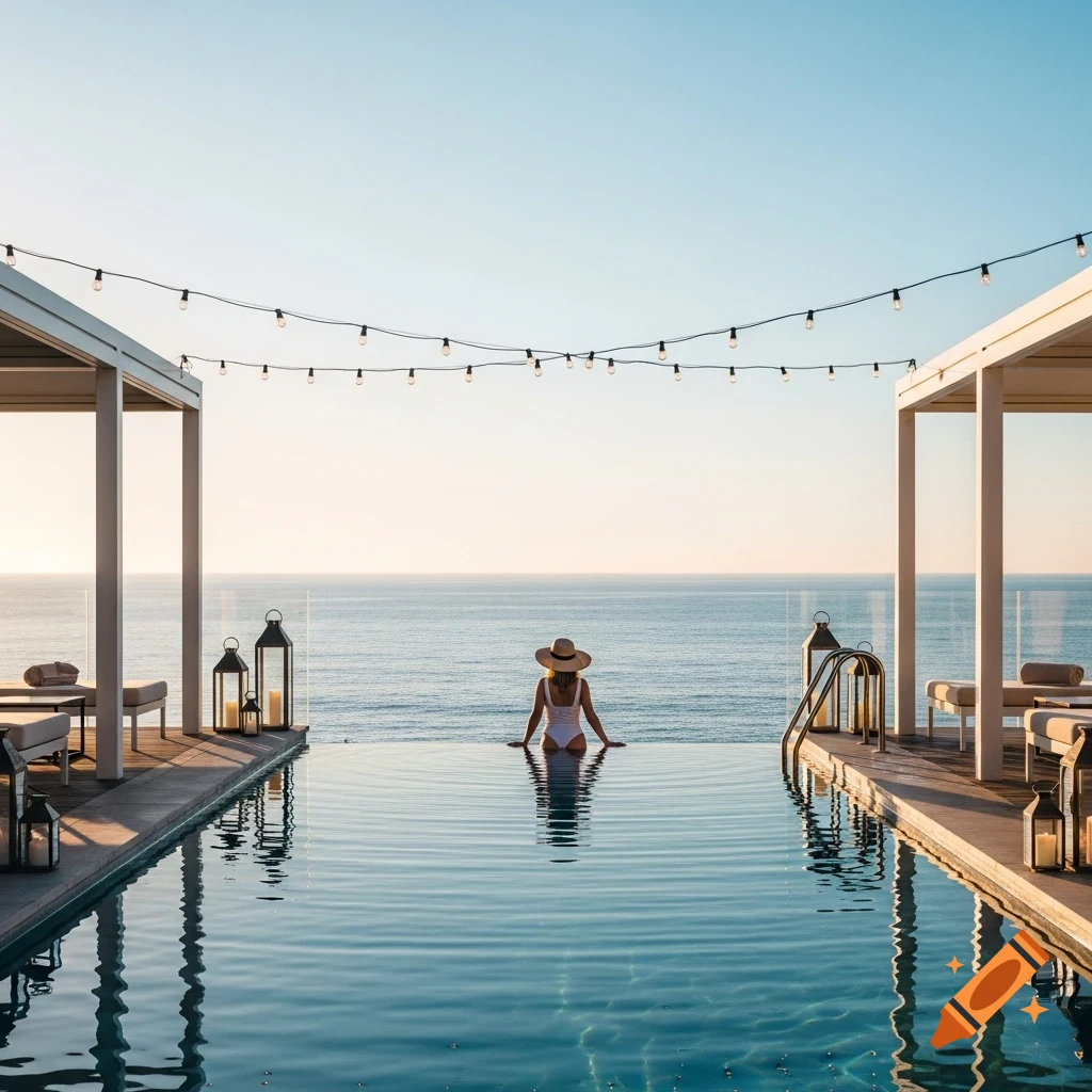 Woman in a white swimsuit and straw hat sits in a luxury infinity pool ...