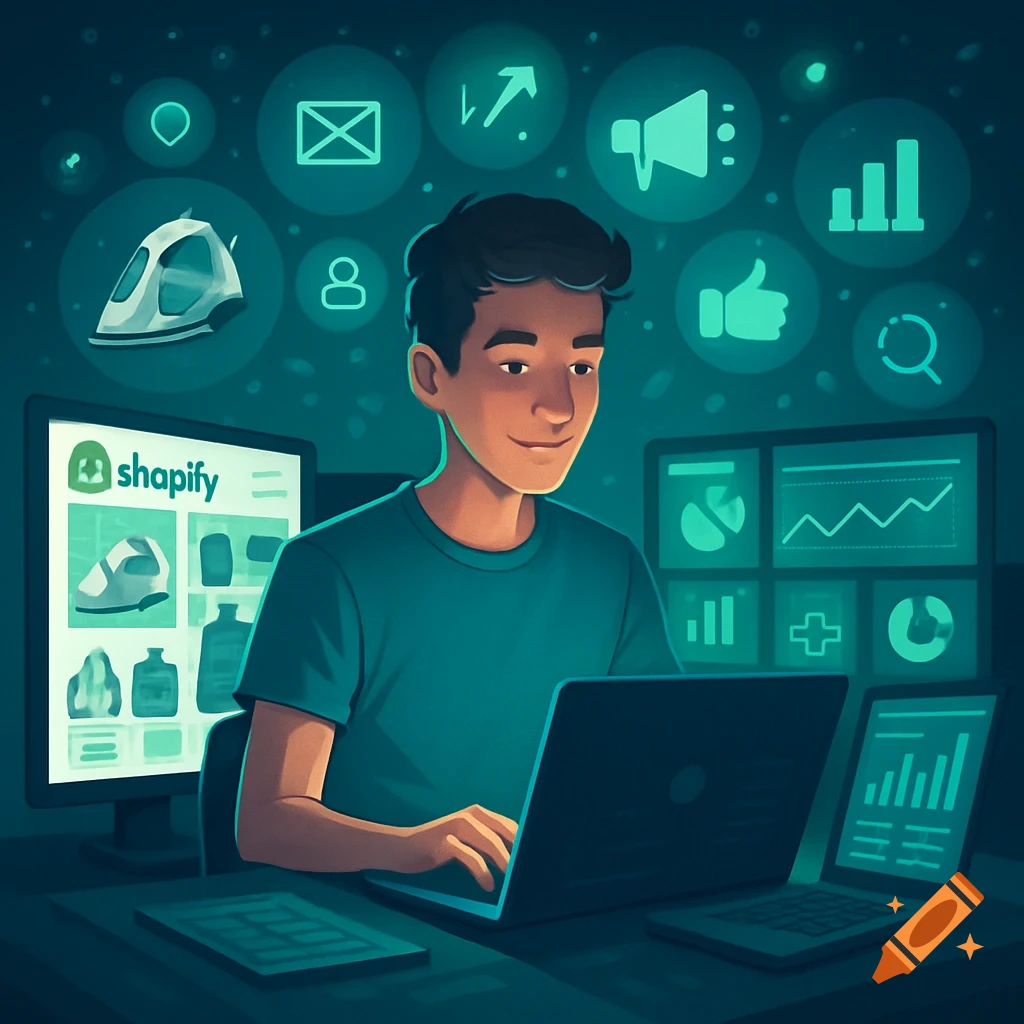 An illustrated young man works at a desk with multiple monitors, one showing the Shopify logo and products, surrounded by glowing tech icons.