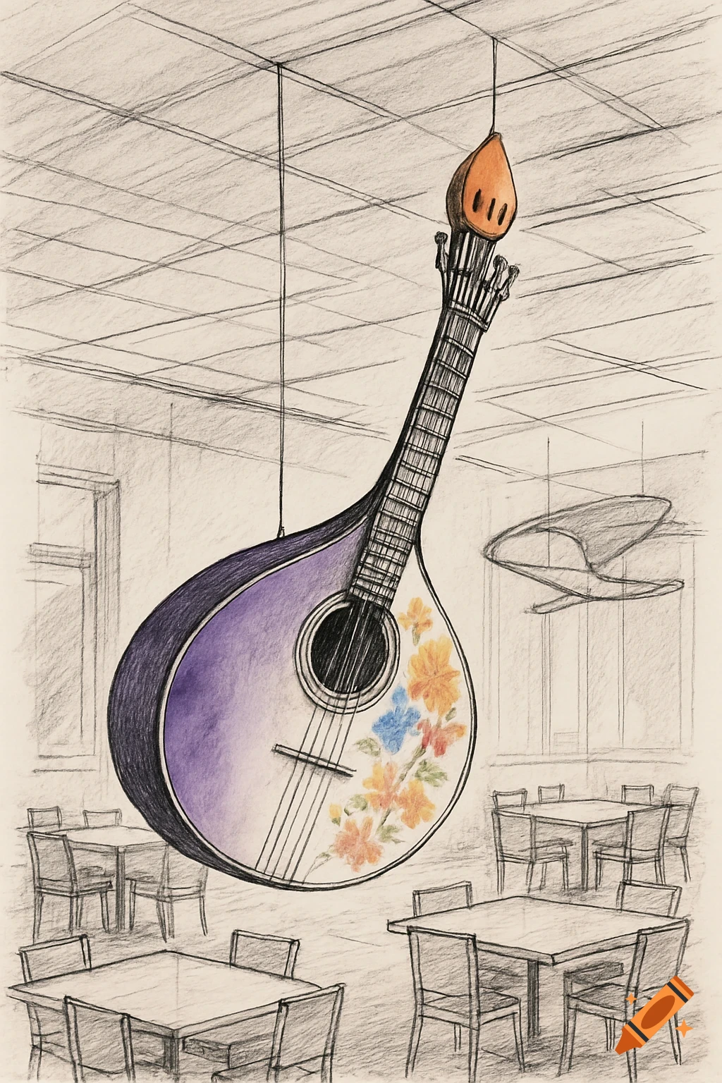 Sketch of a purple and white Fado guitar with colorful flowers, suspended in a restaurant with tables and chairs in the background. Pencil and watercolor style.