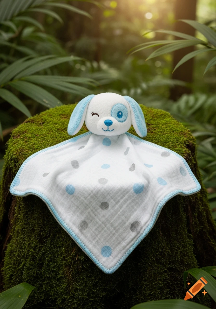 A white and blue winking puppy lovey sits on a mossy stump in a sunlit tropical forest.